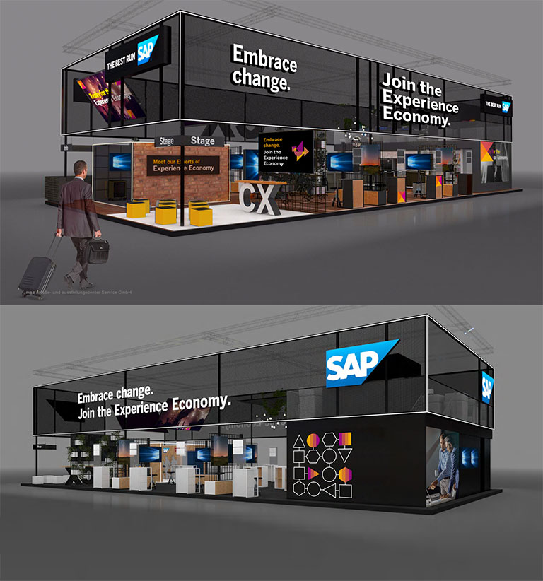 Zu sehen ist ein Rendering des SAP Messestands von der Designagentur SNK