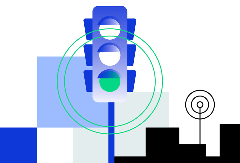 Picture shows the illustration of a traffic light in city traffic