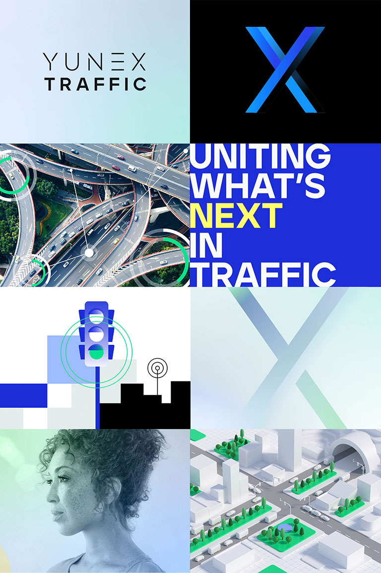 Zu sehen ist ein Moodboard im neuen Markendesign von Yunex Traffic, entwickelt von der Designagentur SNK