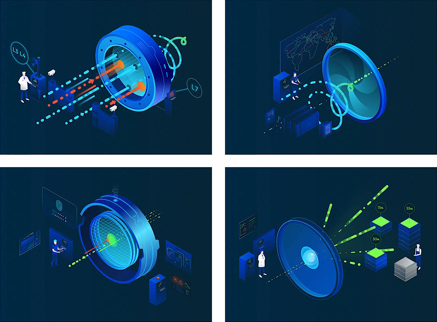 Zu sehen sind die Details des Key Visuals, das aus 4 Sektionen besteht, die die 4 Stufen von IT-Sicherheit symbolisieren.