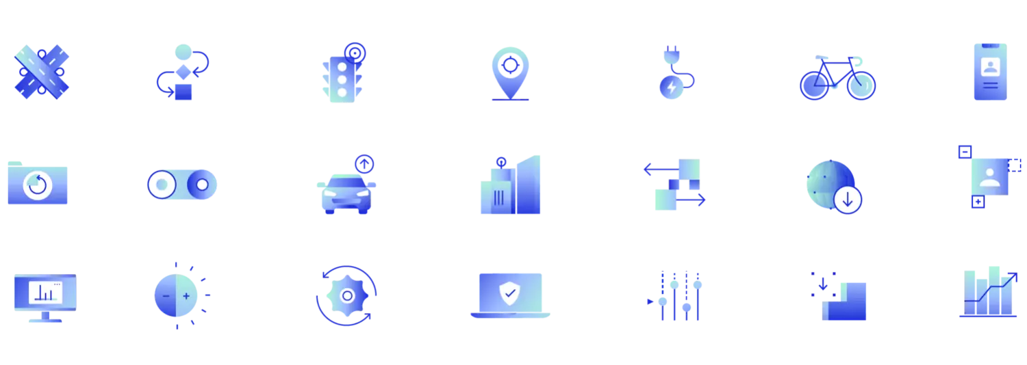 Graphic shows the overview of all Yunex Traffic brand icons
