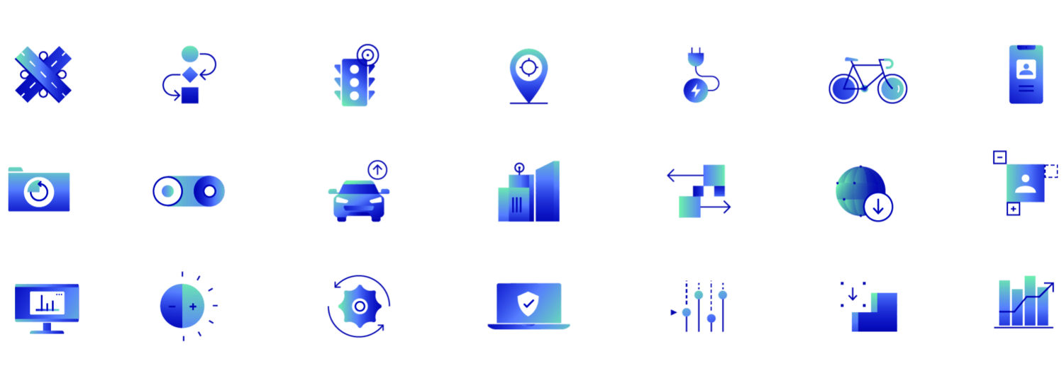 Graphic shows the overview of all Yunex Traffic brand icons