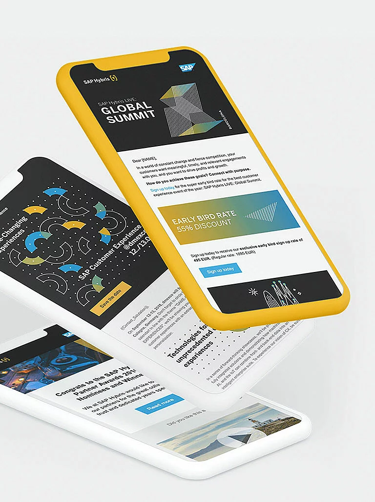 Newsletter für 'SAP hybris'. Ansichten auf drei Smartphones.