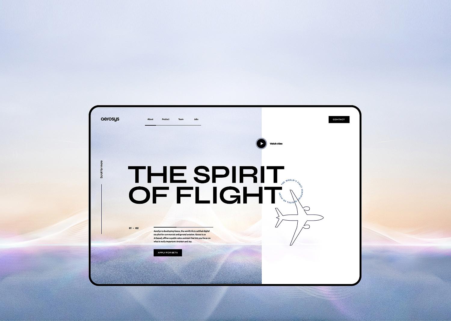 Ein Bild zeigt ein Tablet, das ein mögliches Design für die AeroSys Website andeutet. Im Hintergrund sind abstrakte Elemente, die an einen Himmel erinnern.
