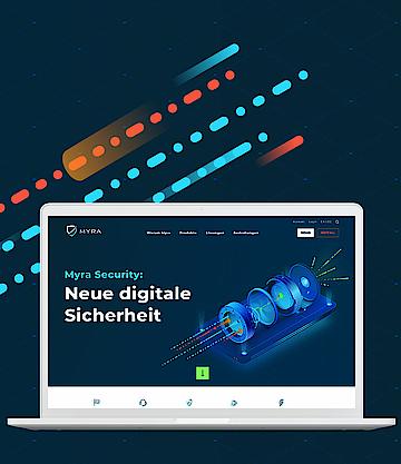 Ein Screen zeigt die Startseite von Myra Security mit einer Visualisierung digitaler Sicherheit