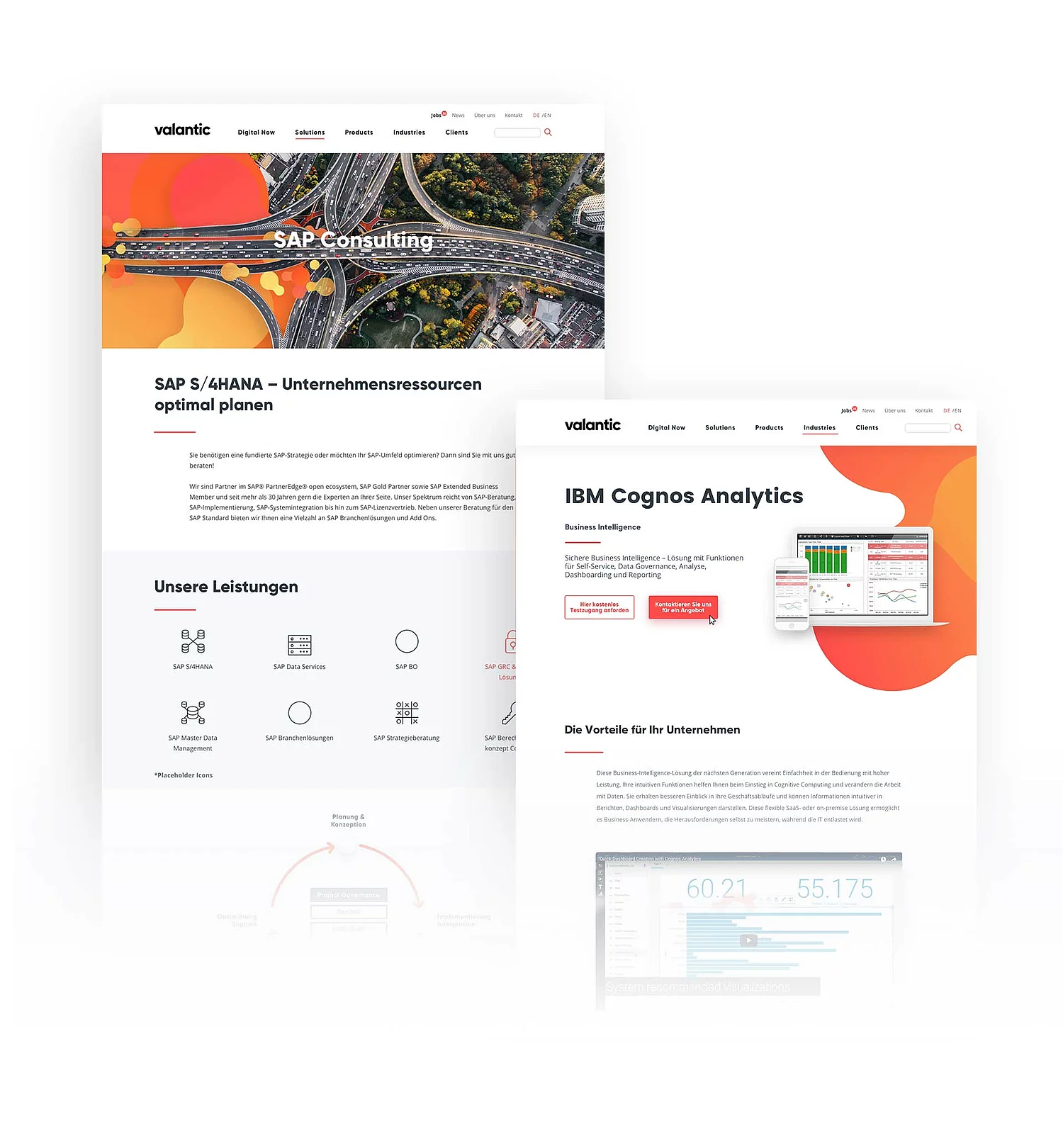 Two screenshots show subpages of the new website for Valantic implemented by SNK
