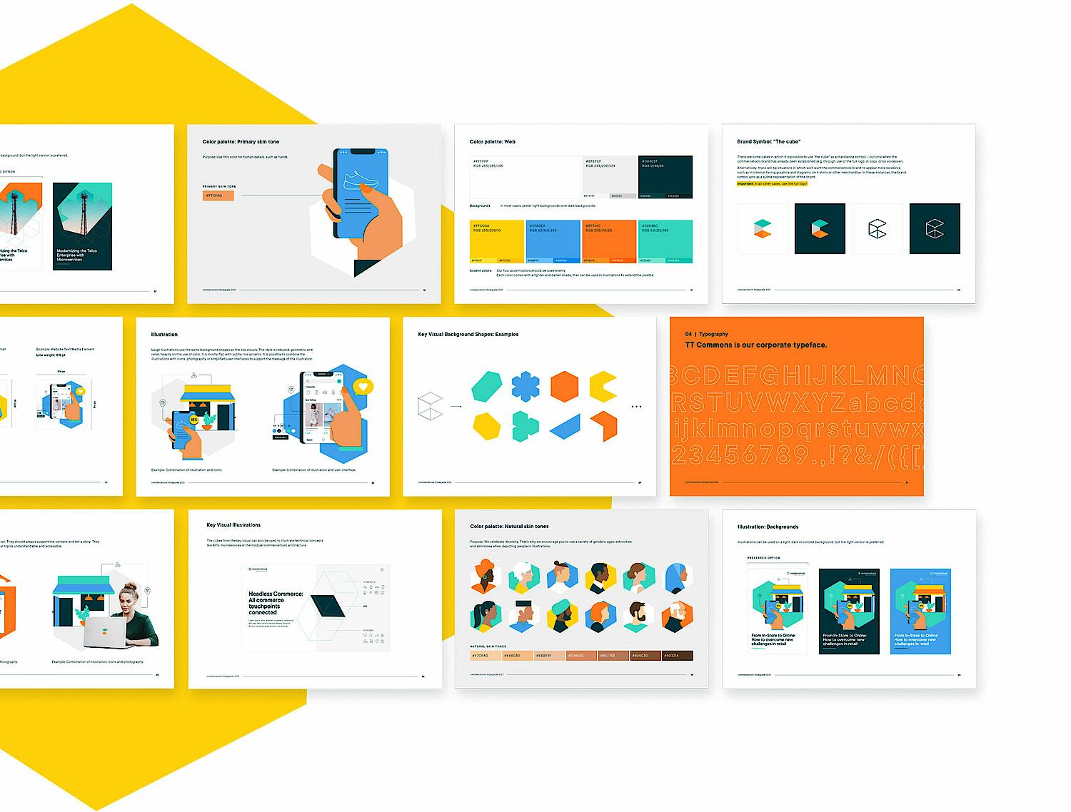 Zu sehen ist der Brand Styleguide für Commercetools erstellt von der Designagentur SNK mit bunten auffälligen Farben und vielfältigen Motiven